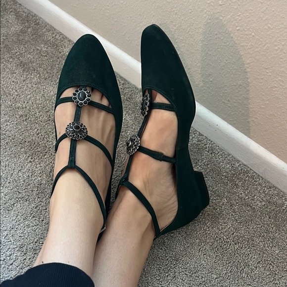 Talbots Dark Green Emerald Flats with Decorative Bejeweled Straps - Picture 2 of 5